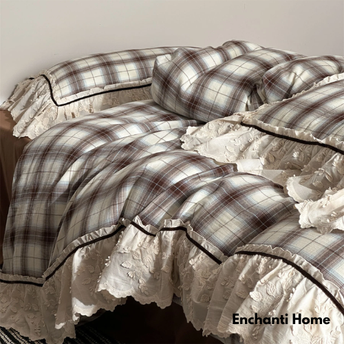 Vintage Plaid Ruffle Bedding Set / 4 Colors