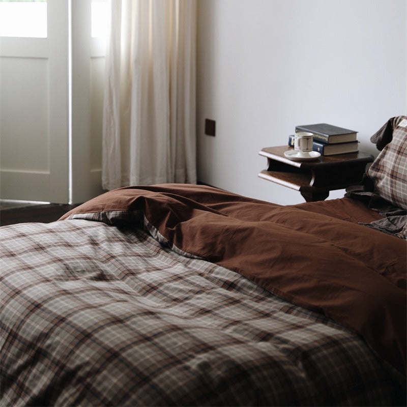 Vintage Plaid Ruffle Bedding Set / 4 Colors