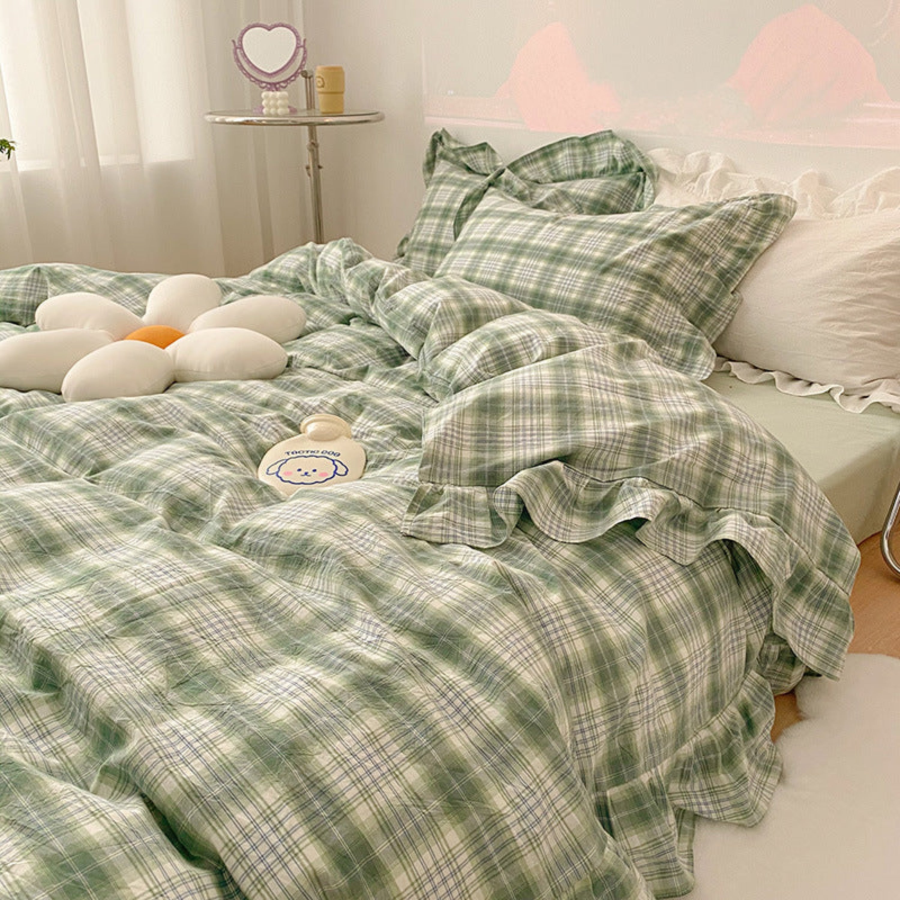Ruffle Plaid Bedding Set / 4 Shades