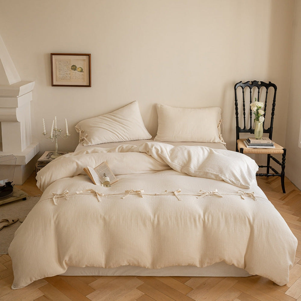Double Layer Beige Bow Tied Ruffle Bedding Set