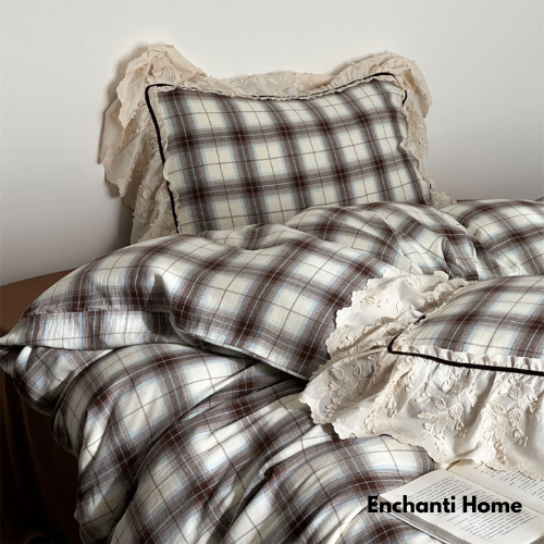 Vintage Plaid Ruffle Bedding Set / 4 Colors