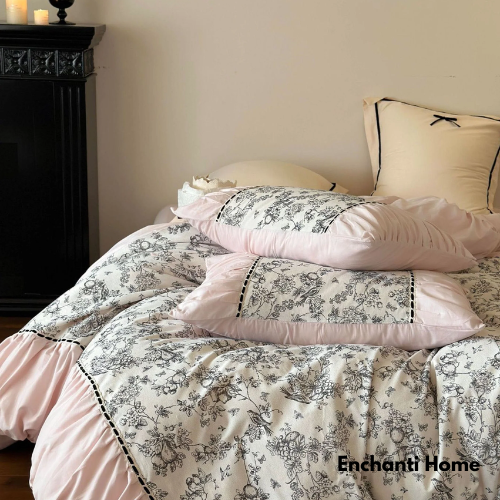 French Style Black Lace Bedding Set / Pink & Green