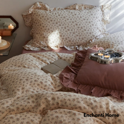 Earthy Floral Double Ruffle Bedding Set / Beige & Brown