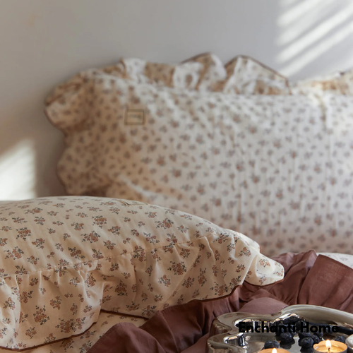 Earthy Floral Double Ruffle Bedding Set / Beige & Brown