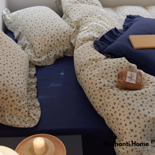 Earthy Floral Double Ruffle Bedding Set / Beige & Brown