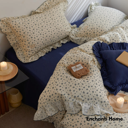 Earthy Floral Double Ruffle Bedding Set / Beige & Brown