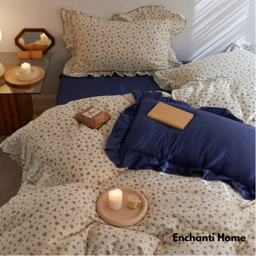 Earthy Floral Double Ruffle Bedding Set / Beige & Brown