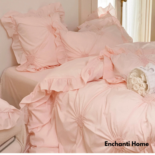 Embroidered Heart Ruffle Bedding Set / Charming