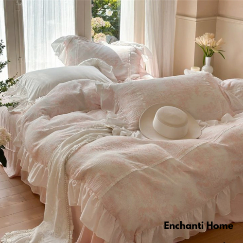 French Ruffle Bedding Set / Pink & White