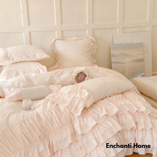 Princess Ruffle Lace Bedding Set / Pink & White