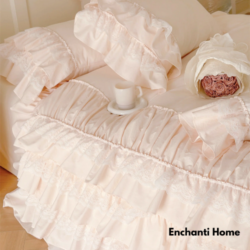 Princess Ruffle Lace Bedding Set / Pink & White