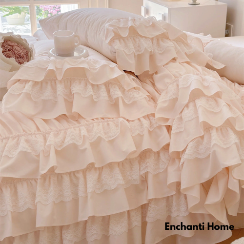 Princess Ruffle Lace Bedding Set / Pink & White