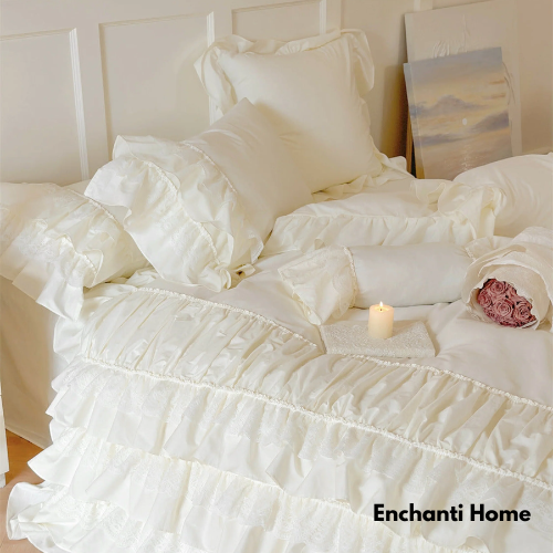 Princess Ruffle Lace Bedding Set / Pink & White