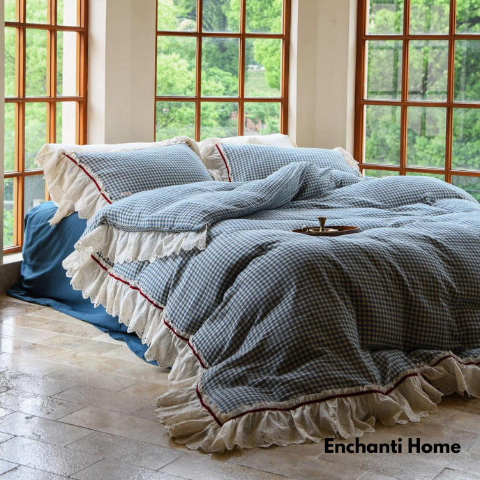 Floral Gingham Ruffle Bedding Set / Blue White
