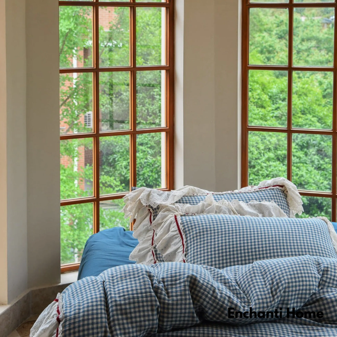 Floral Gingham Ruffle Bedding Set / Blue White