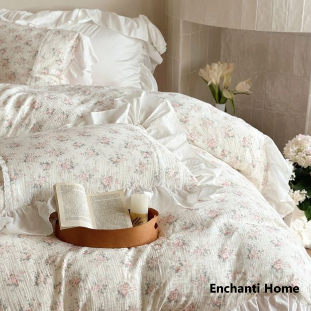 Pastel Floral Cotton Ruffle Bedding Set / White