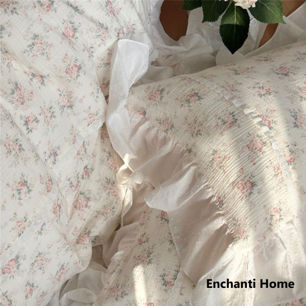 Pastel Floral Cotton Ruffle Bedding Set / White