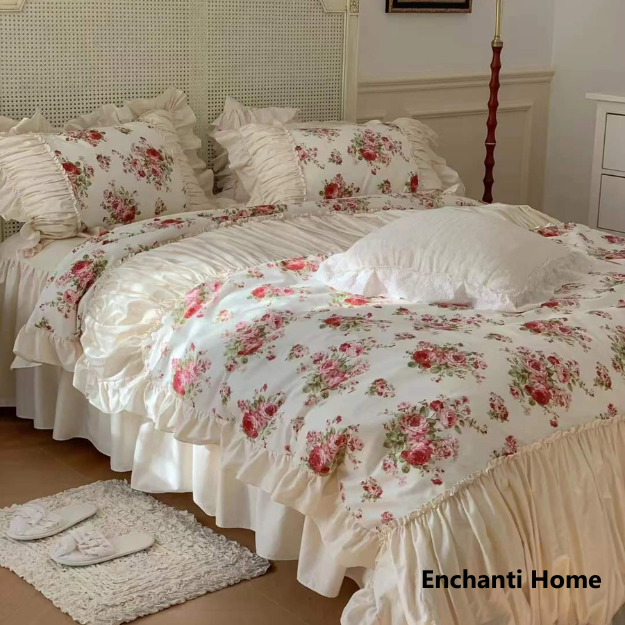 French Floral Ruffle Bedding Set / Rosé Pink & White