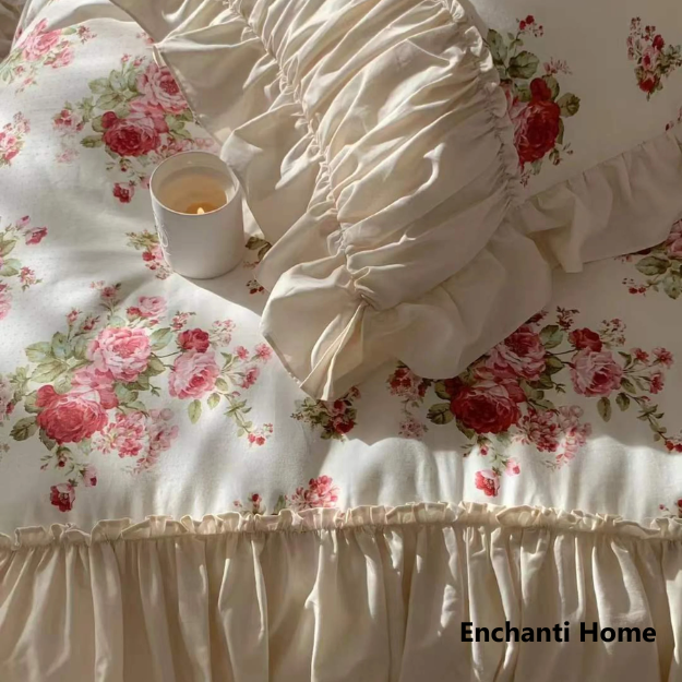 French Floral Ruffle Bedding Set / Rosé Pink & White