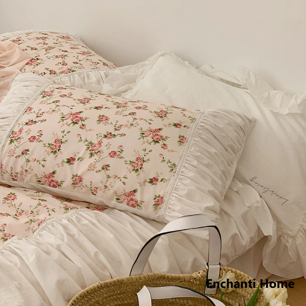 French Floral Ruffle Bedding Set / Rosé Pink & White