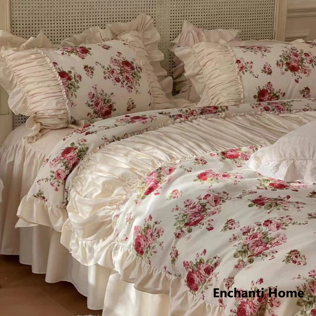 French Floral Ruffle Bedding Set / Rosé Pink & White