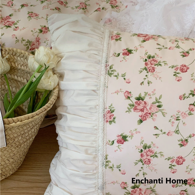 French Floral Ruffle Bedding Set / Rosé Pink & White