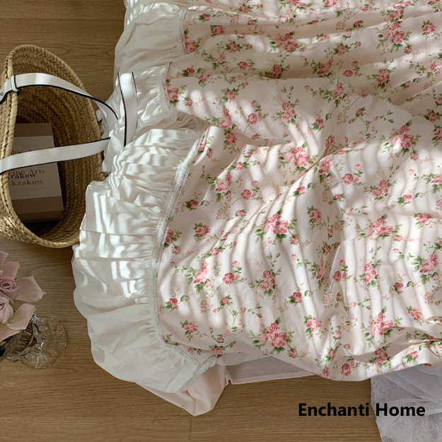 French Floral Ruffle Bedding Set / Rosé Pink & White