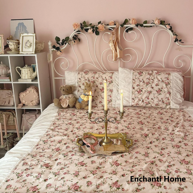 French Floral Ruffle Bedding Set / Rosé Pink & White