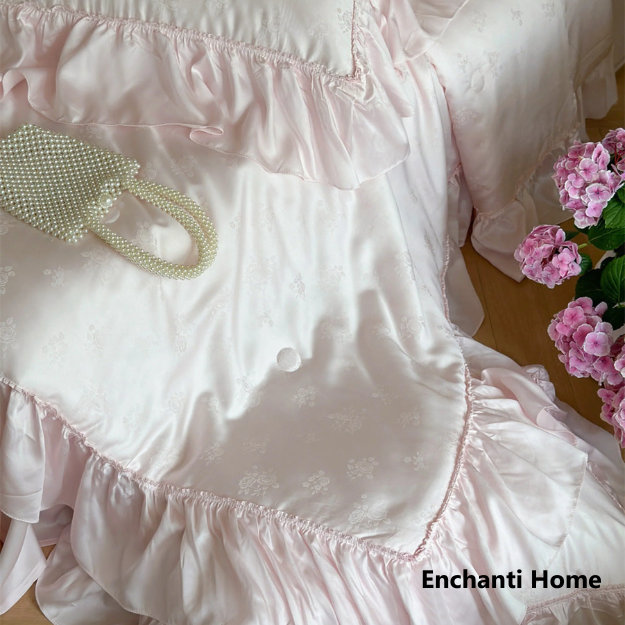 Floral Jacquard Tencel Blanket Set / Pink & White