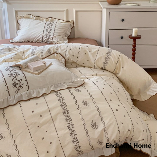 French Embroidered Ruffle Bedding Set / Earth Tones