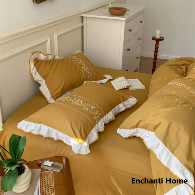 French Embroidered Ruffle Bedding Set / Earth Tones