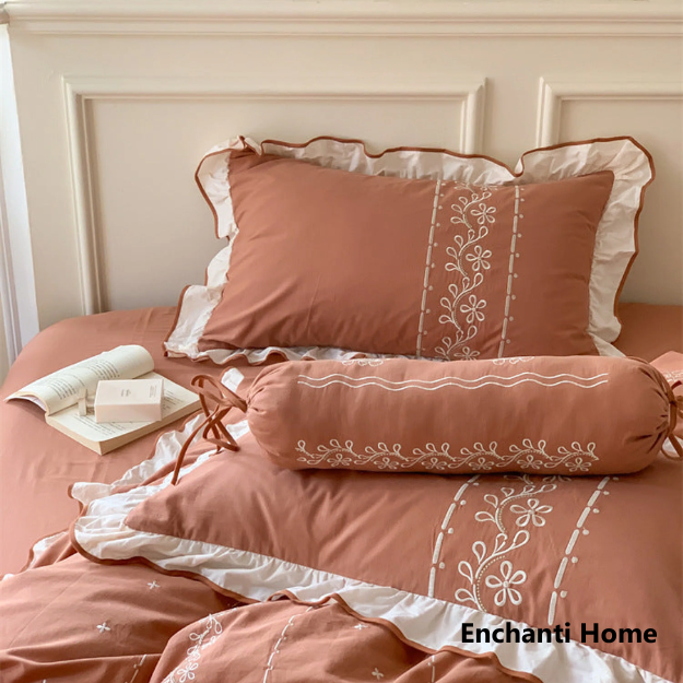 French Embroidered Ruffle Bedding Set / Earth Tones