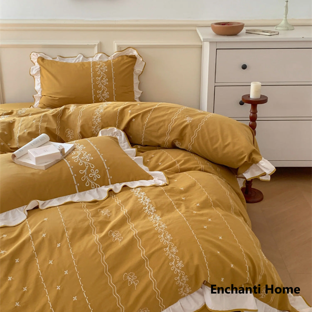 French Embroidered Ruffle Bedding Set / Earth Tones