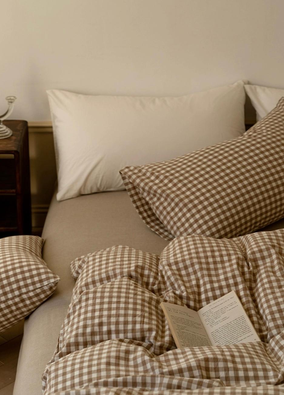 Brown Gingham Cotton / Bedding Set