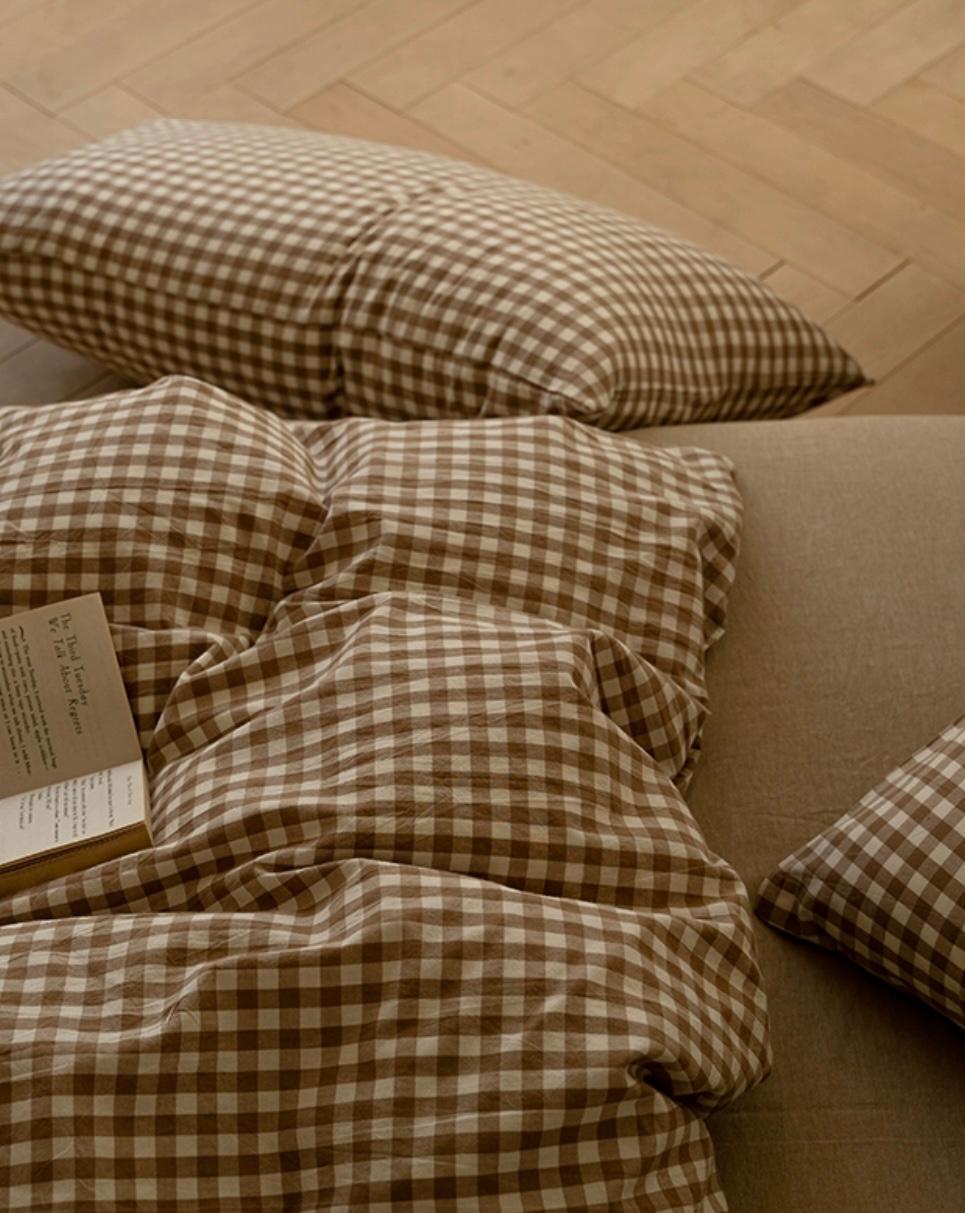 Brown Gingham Cotton / Bedding Set