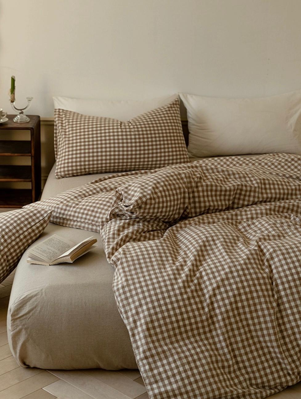 Brown Gingham Cotton / Bedding Set