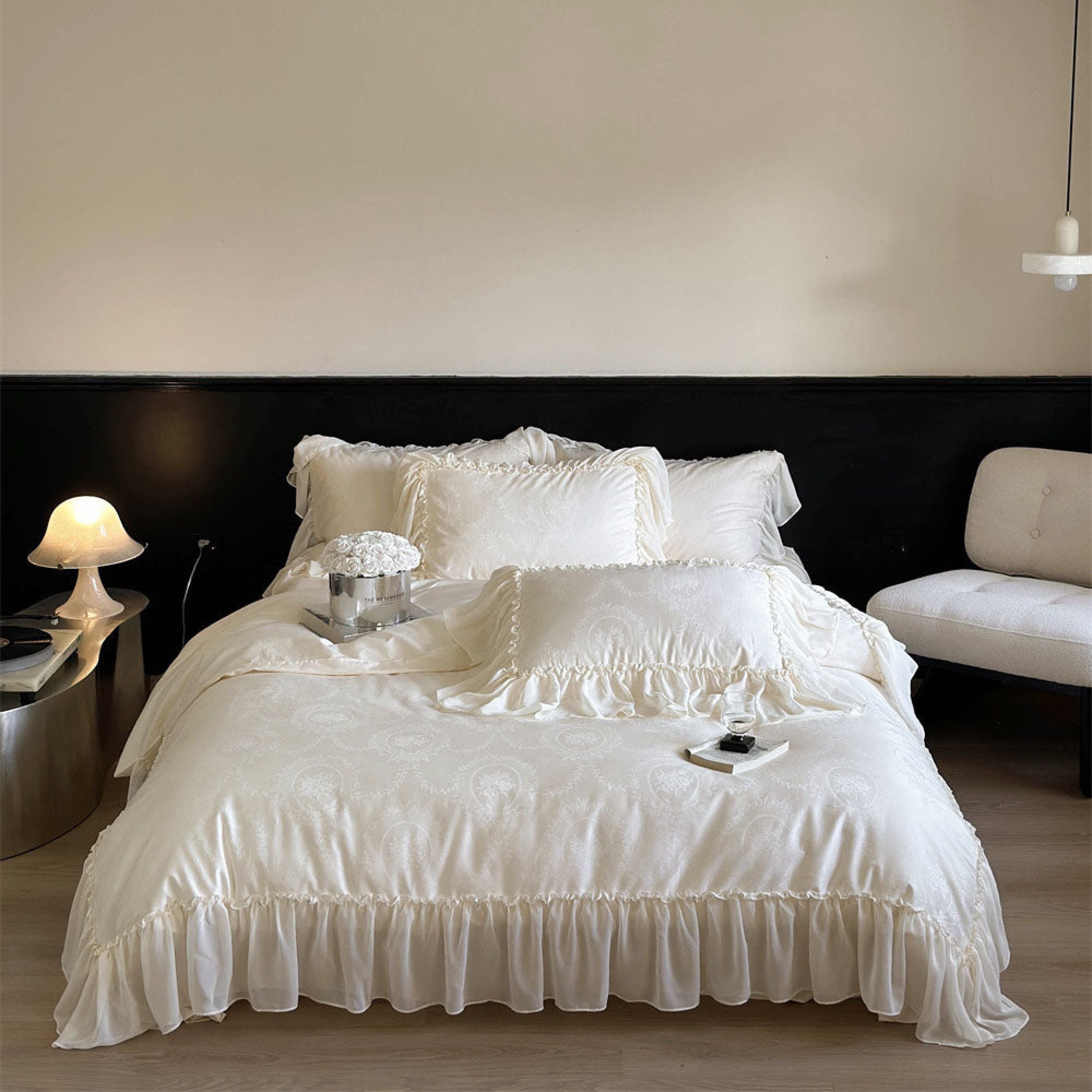 Airy Silky Floral Lace Bedding Set / White