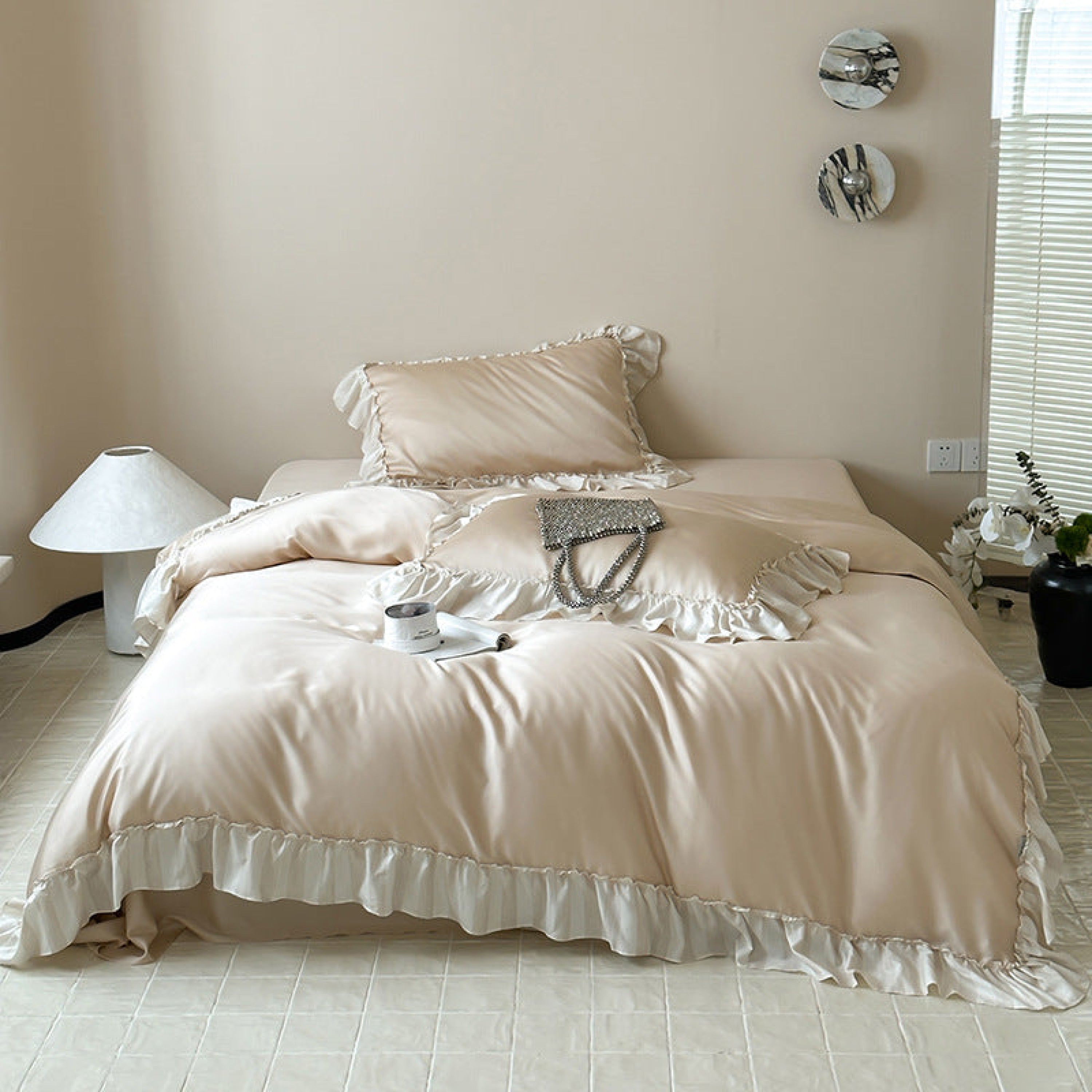 Satin Ruffle Bedding Set / Blush Colors