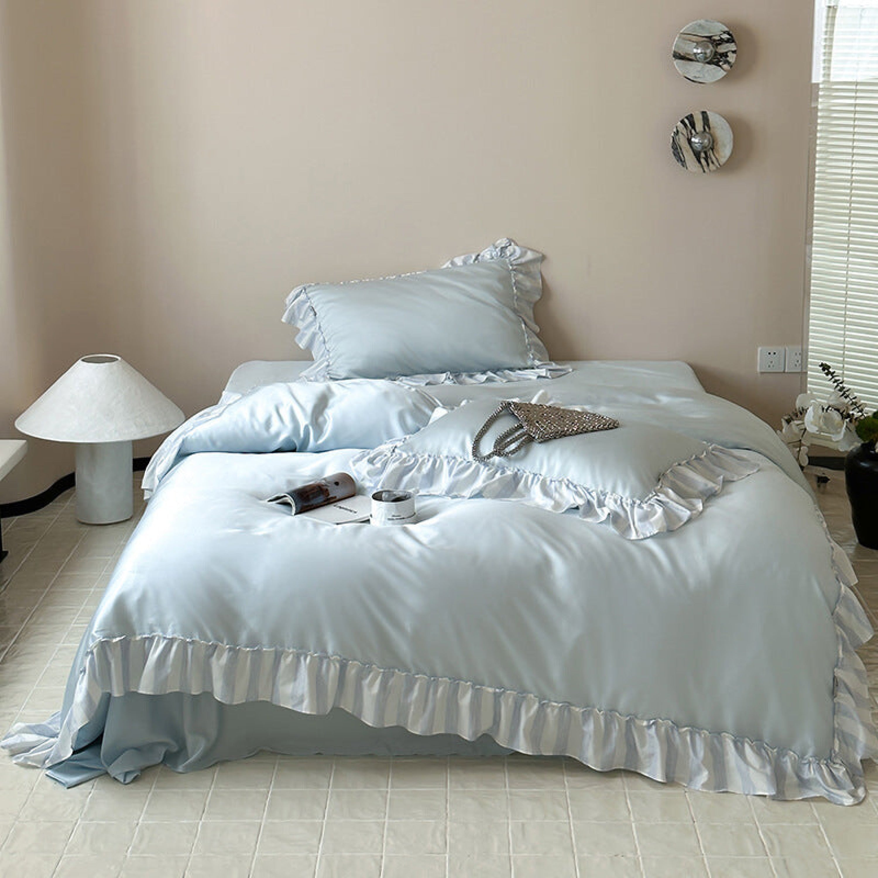 Satin Ruffle Bedding Set / Blush Colors