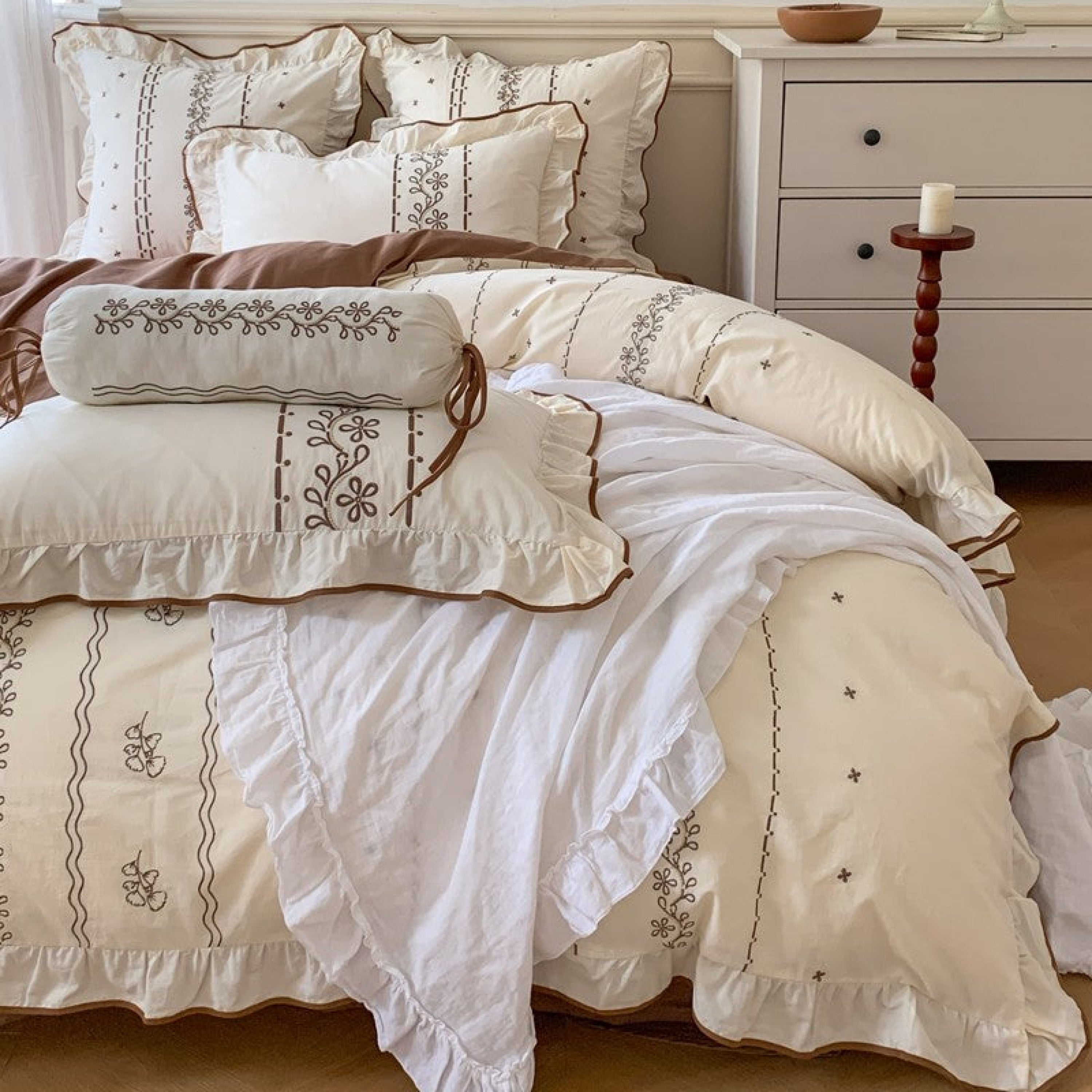 French Embroidered Ruffle Bedding Set / Earth Tones