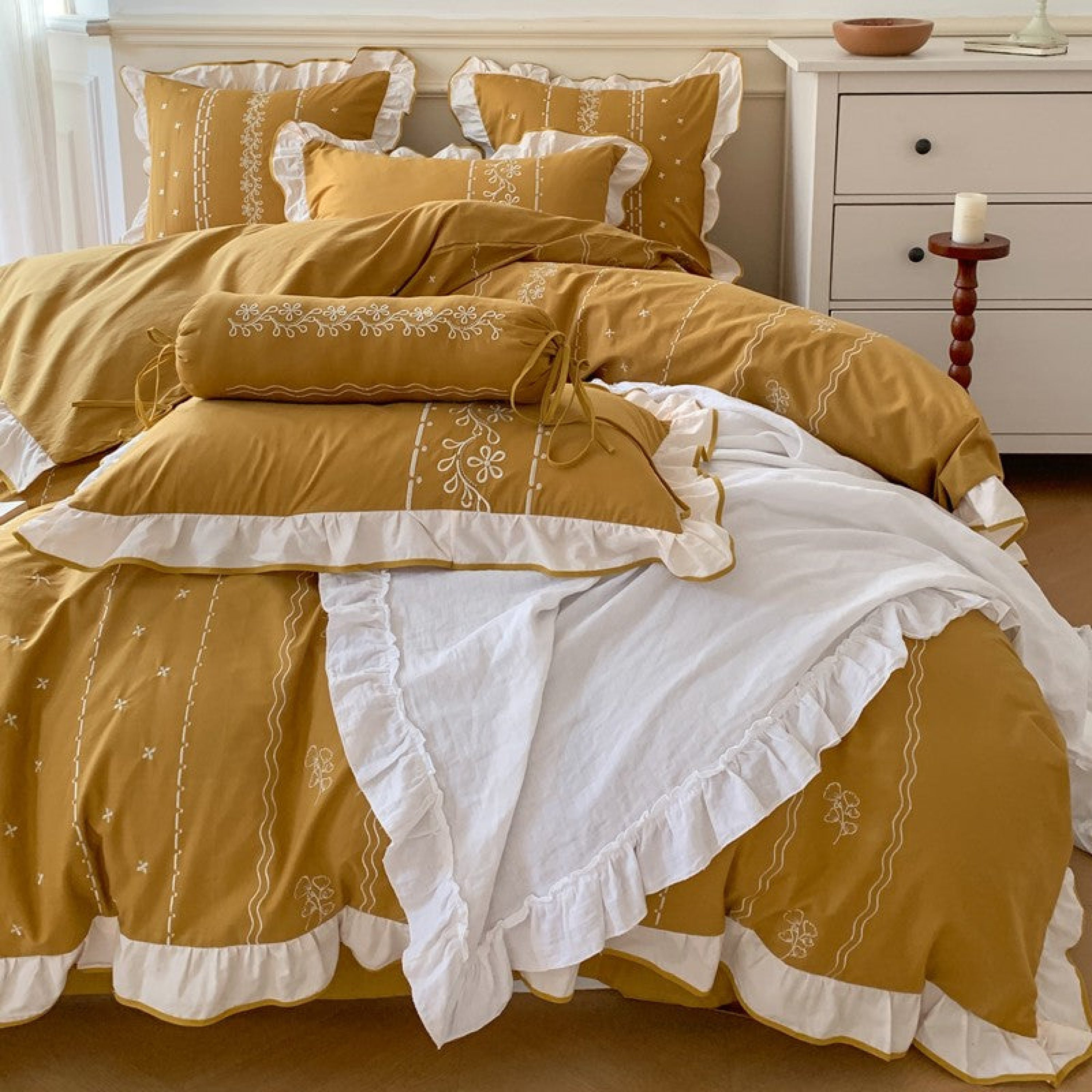 French Embroidered Ruffle Bedding Set / Earth Tones