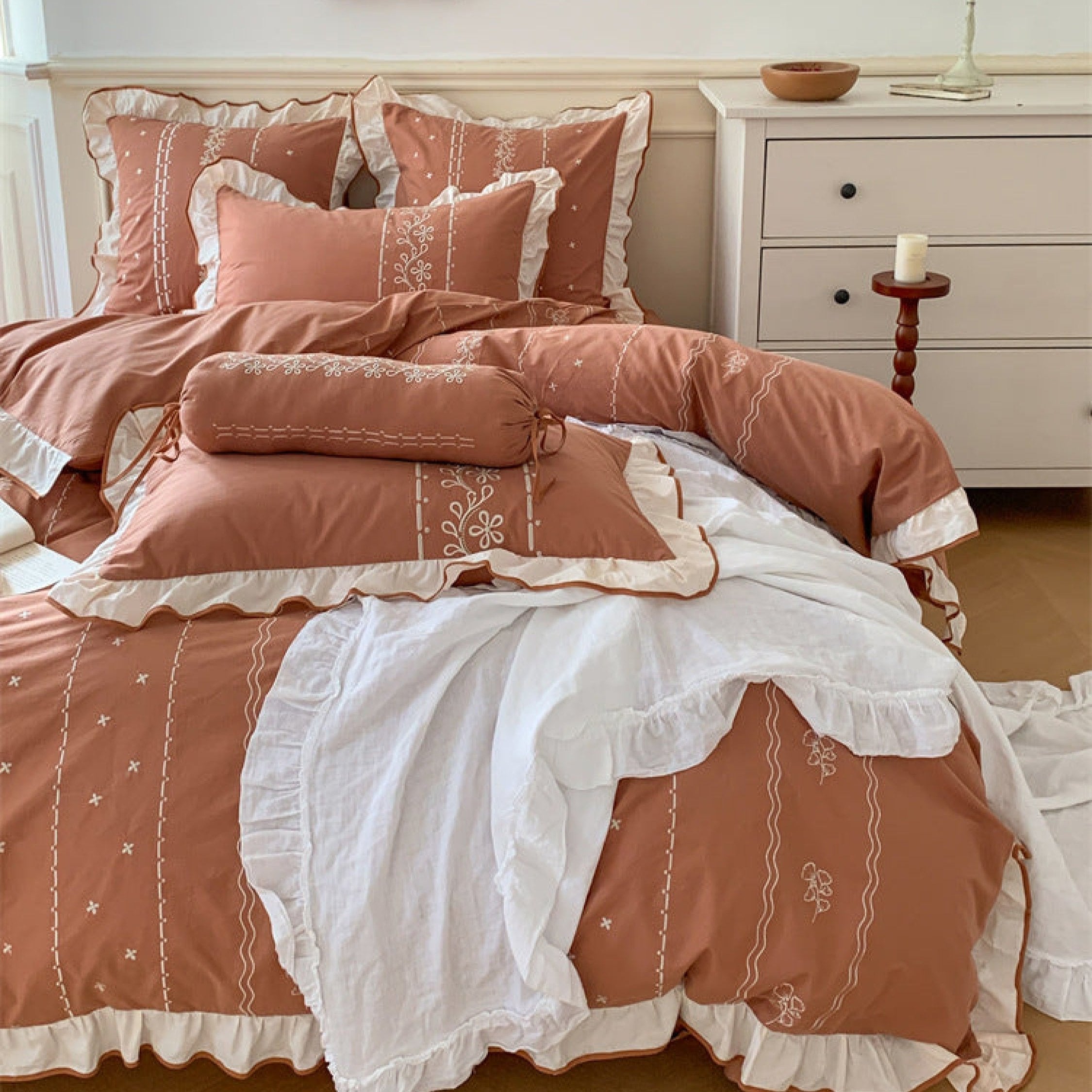 French Embroidered Ruffle Bedding Set / Earth Tones