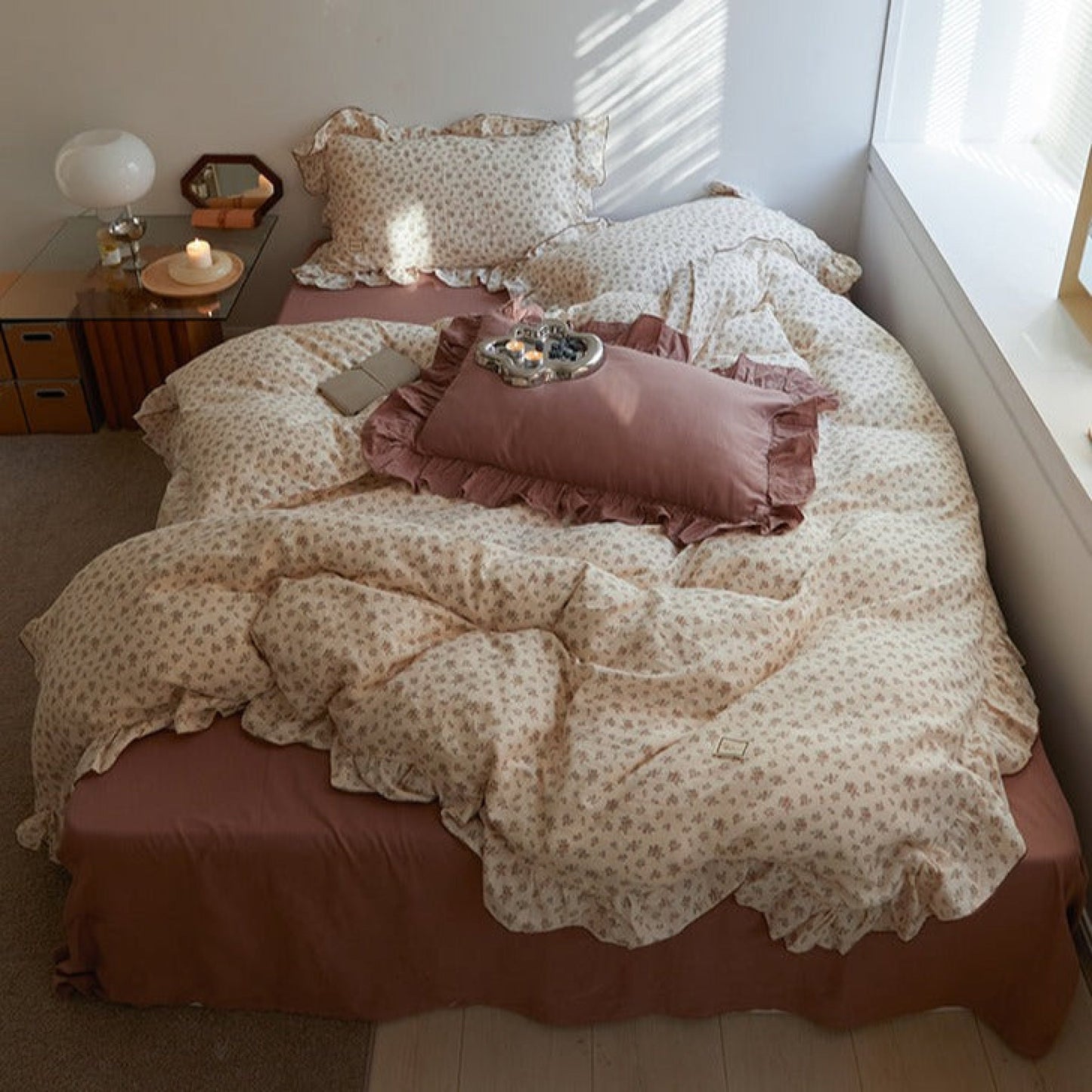 Earthy Floral Double Ruffle Bedding Set / Beige & Brown