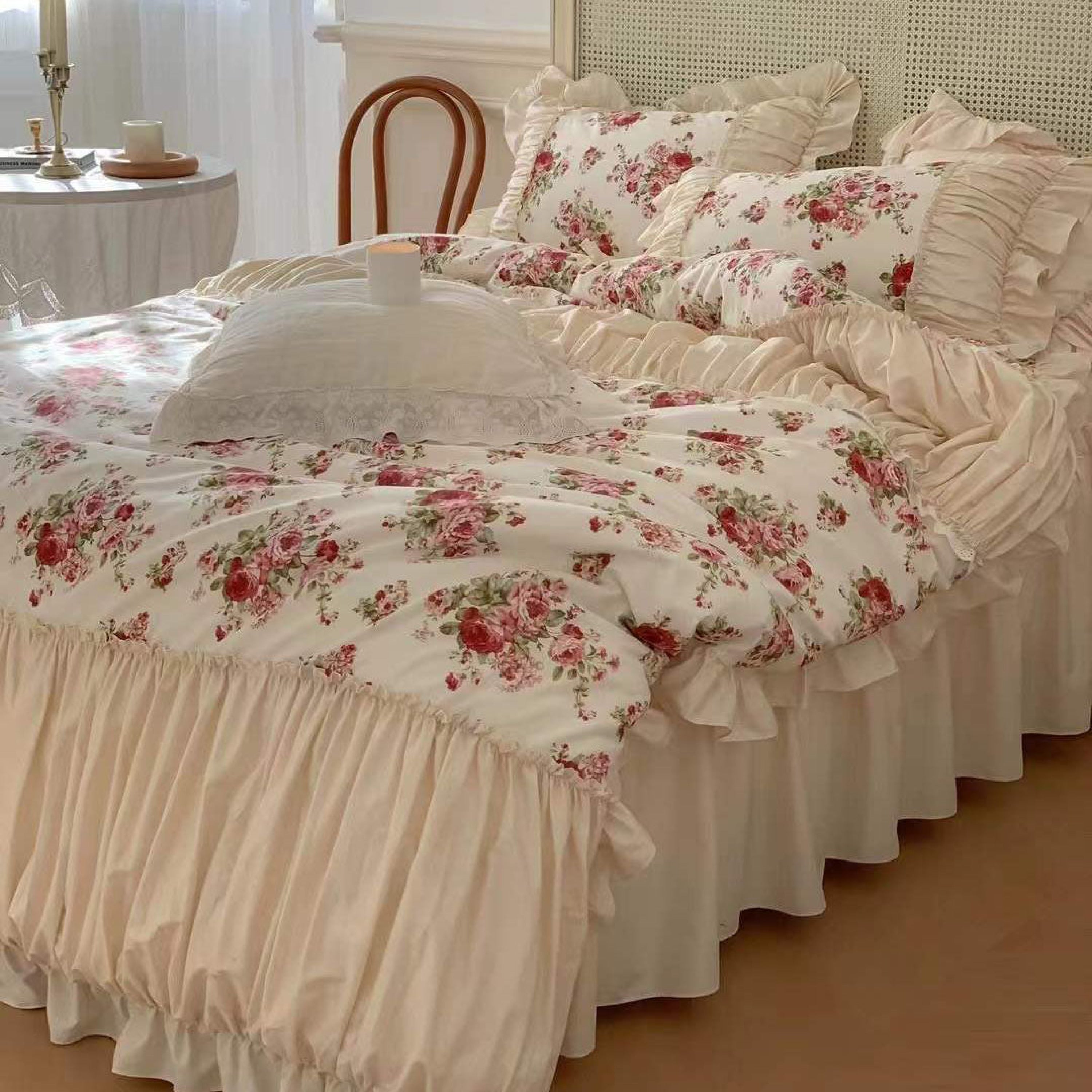 French Floral Ruffle Bedding Set / Rosé Pink & White