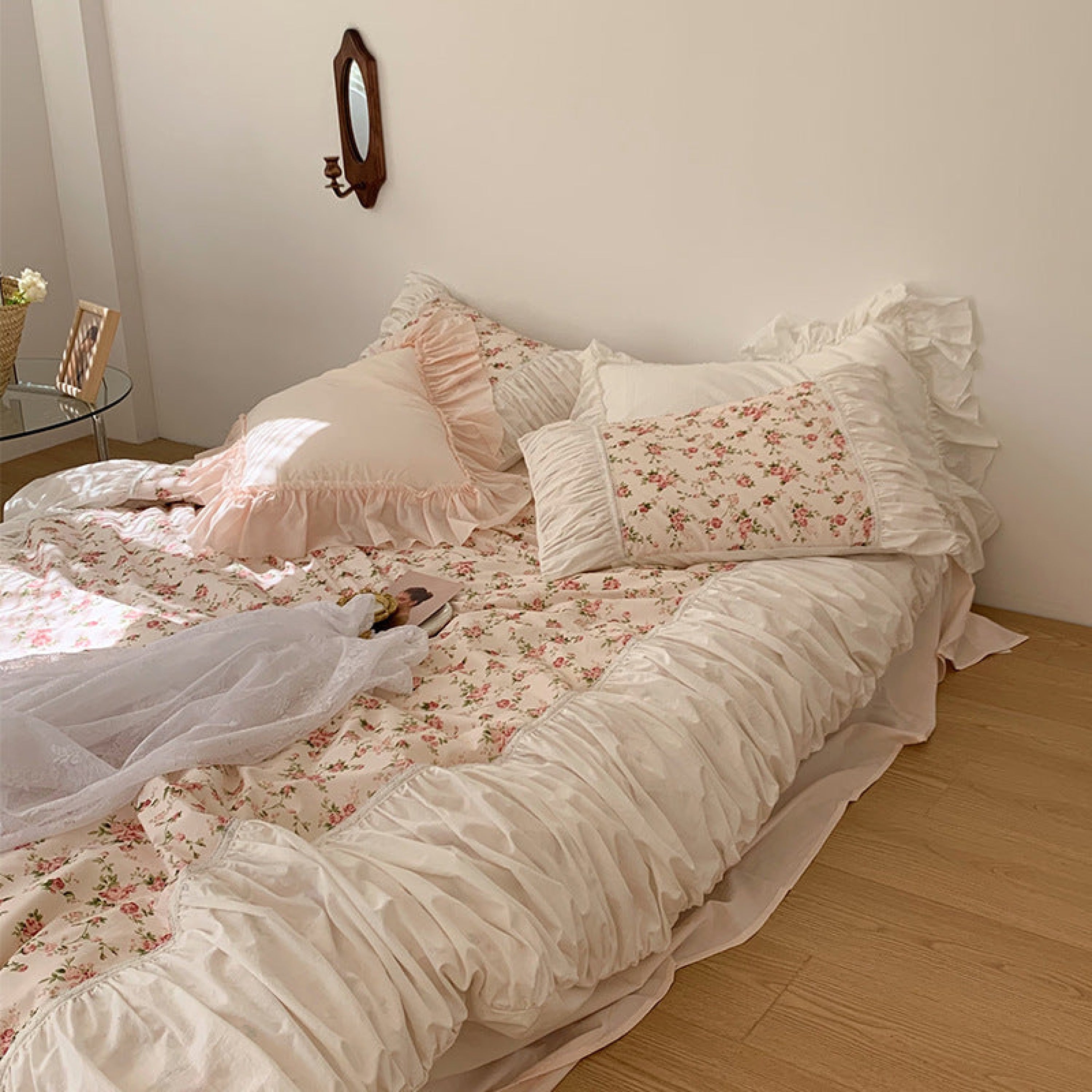 French Floral Ruffle Bedding Set / Rosé Pink & White