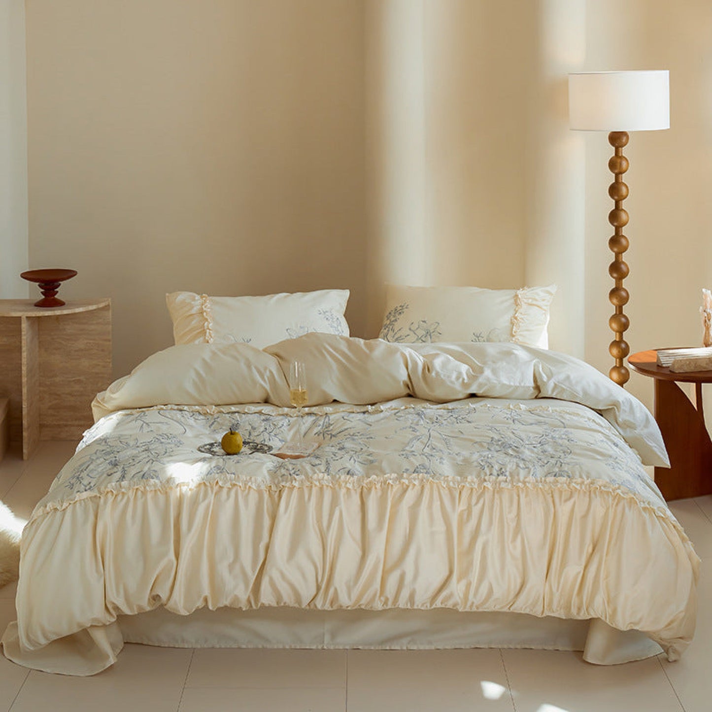 Vintage French Ruffle Cotton Bedding Set / Yellow