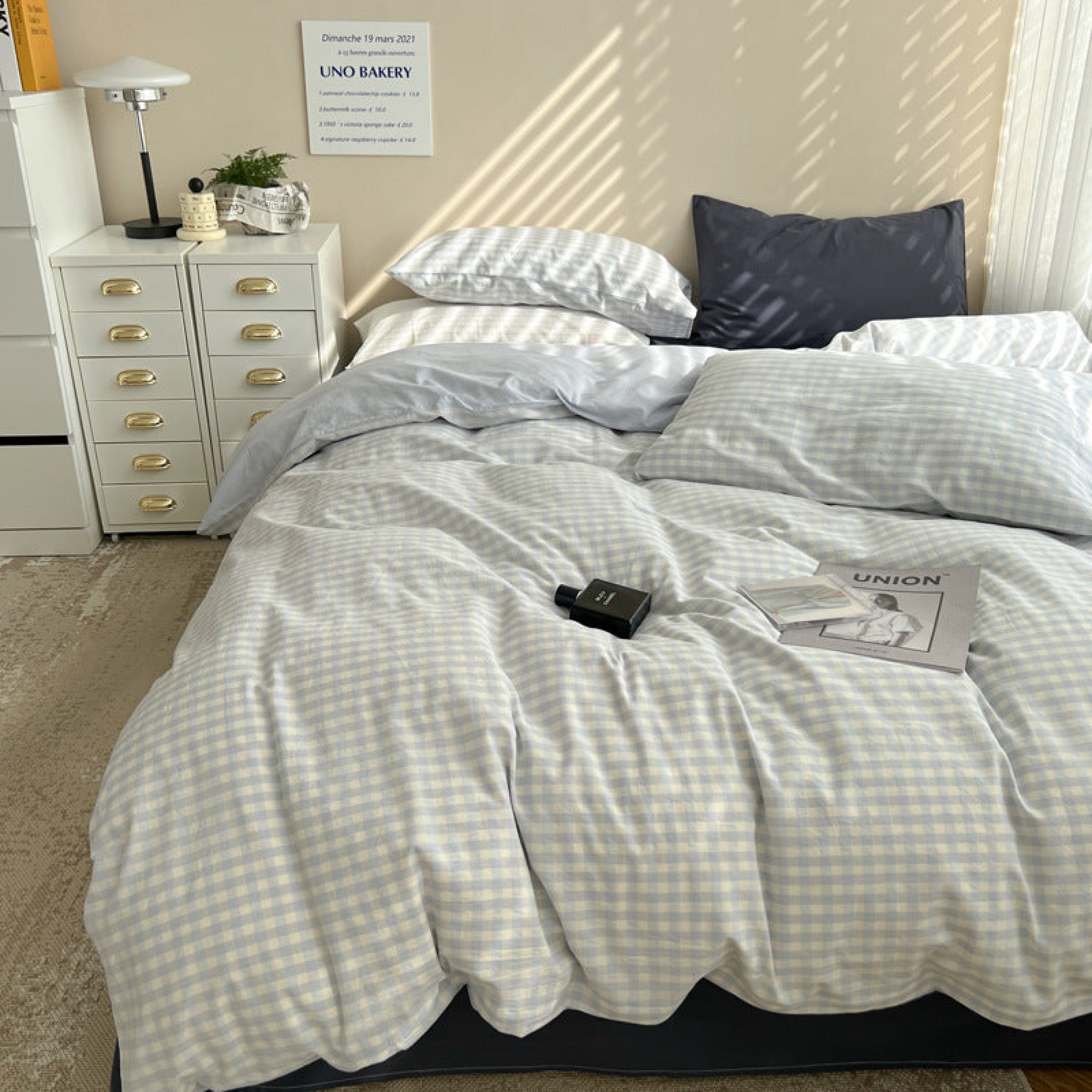 Blue Gingham Bedding Set / Modern