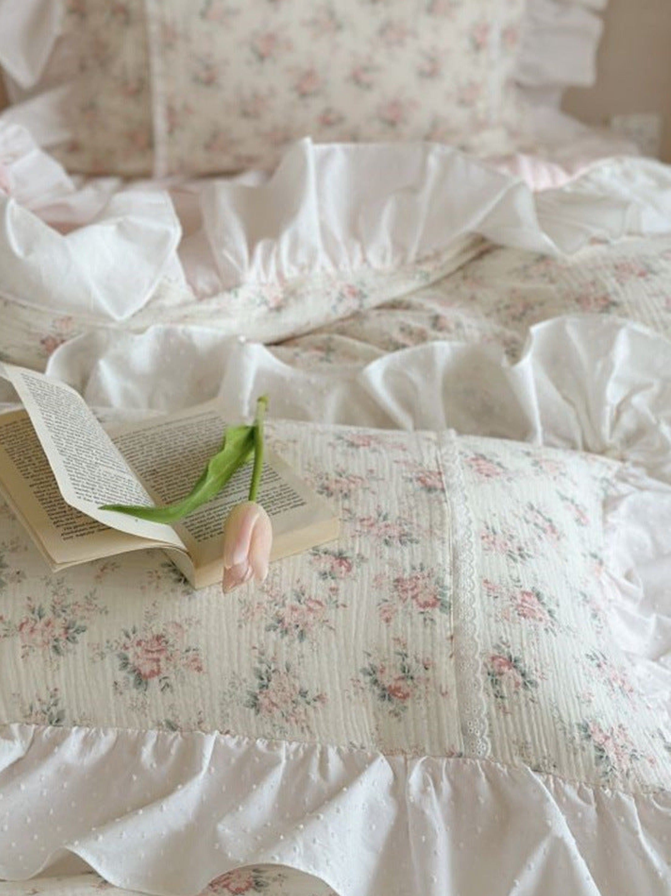 Pastel Floral Cotton Ruffle Bedding Set / White