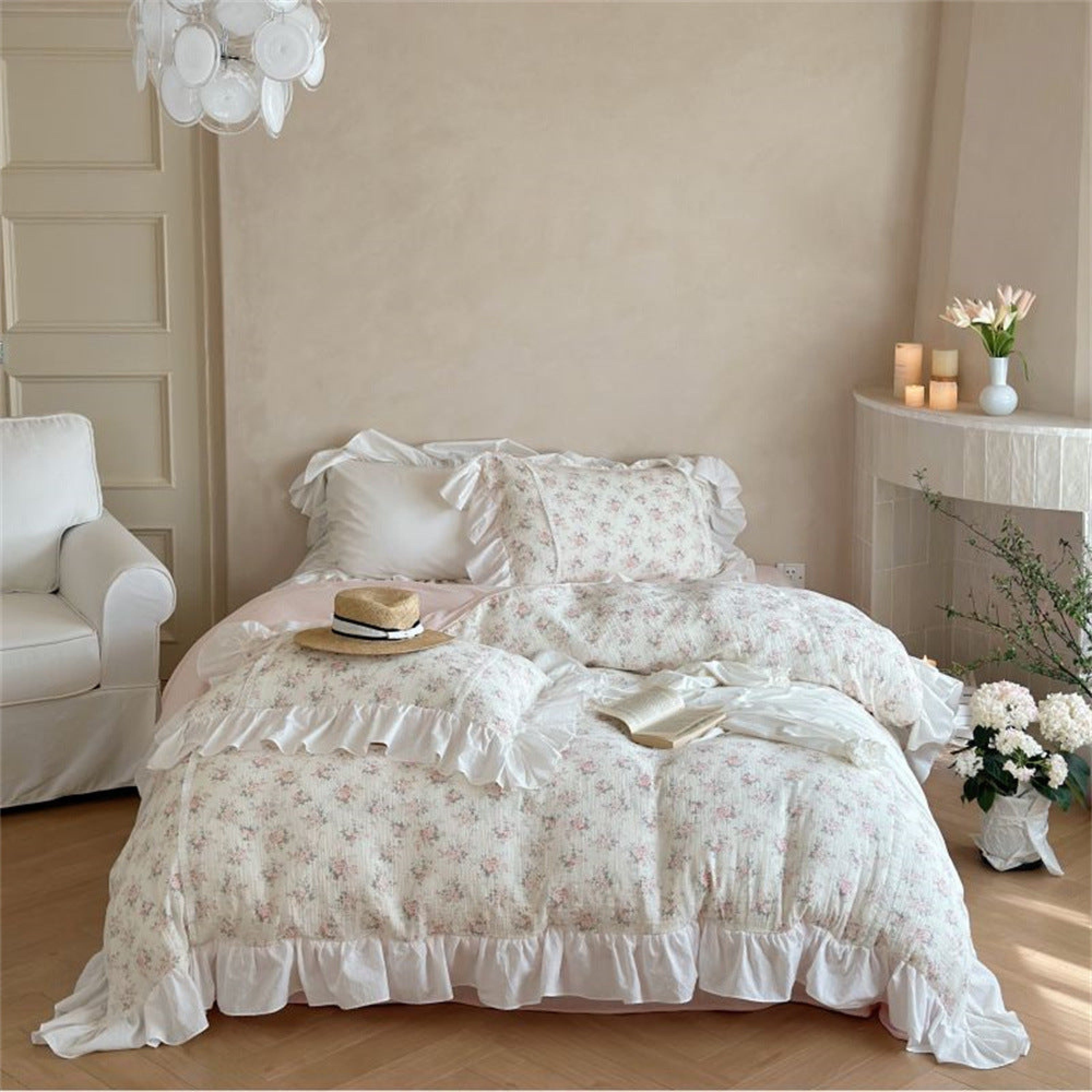 Pastel Floral Cotton Ruffle Bedding Set / White