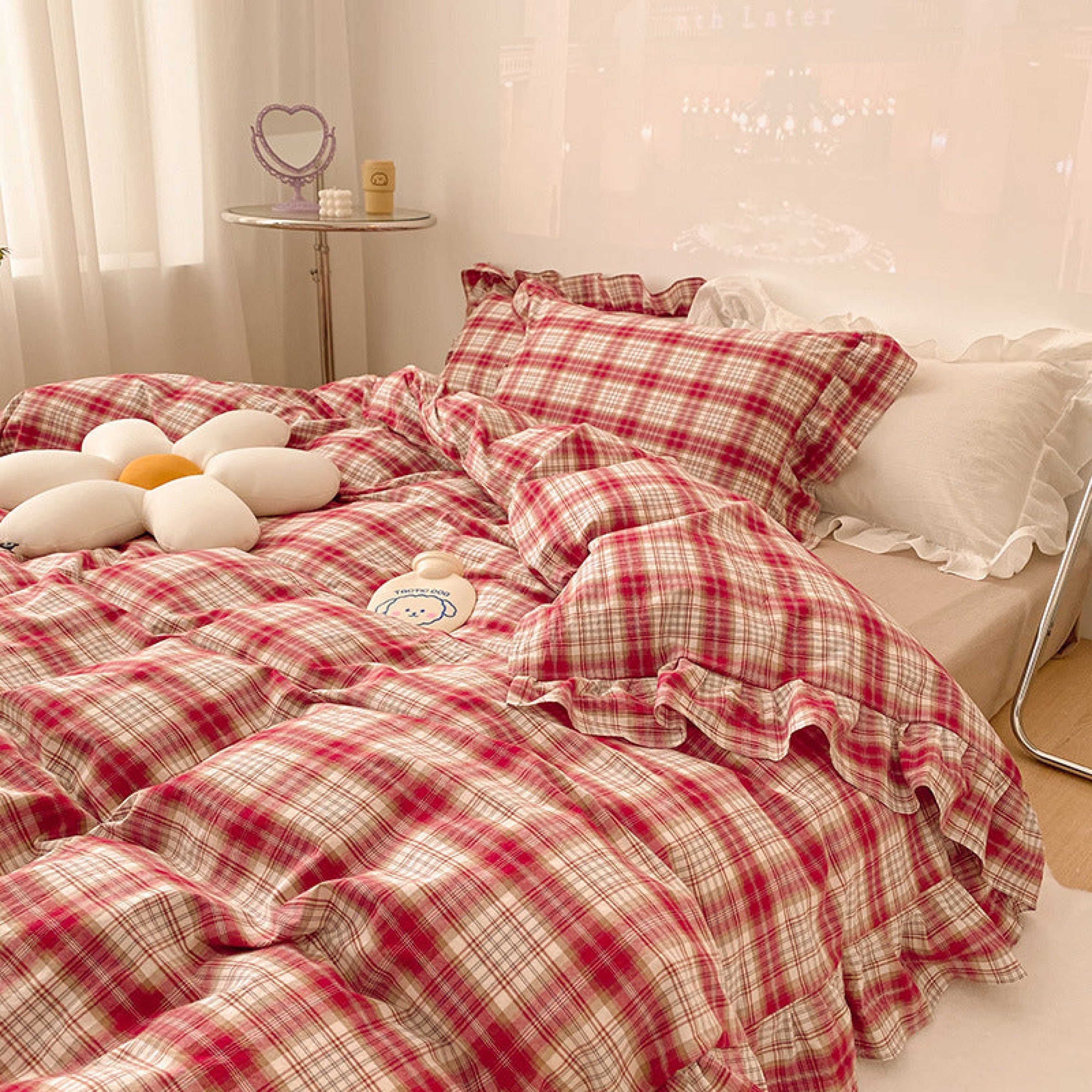 Plaid Ruffle Bedding Set / 4 Colors